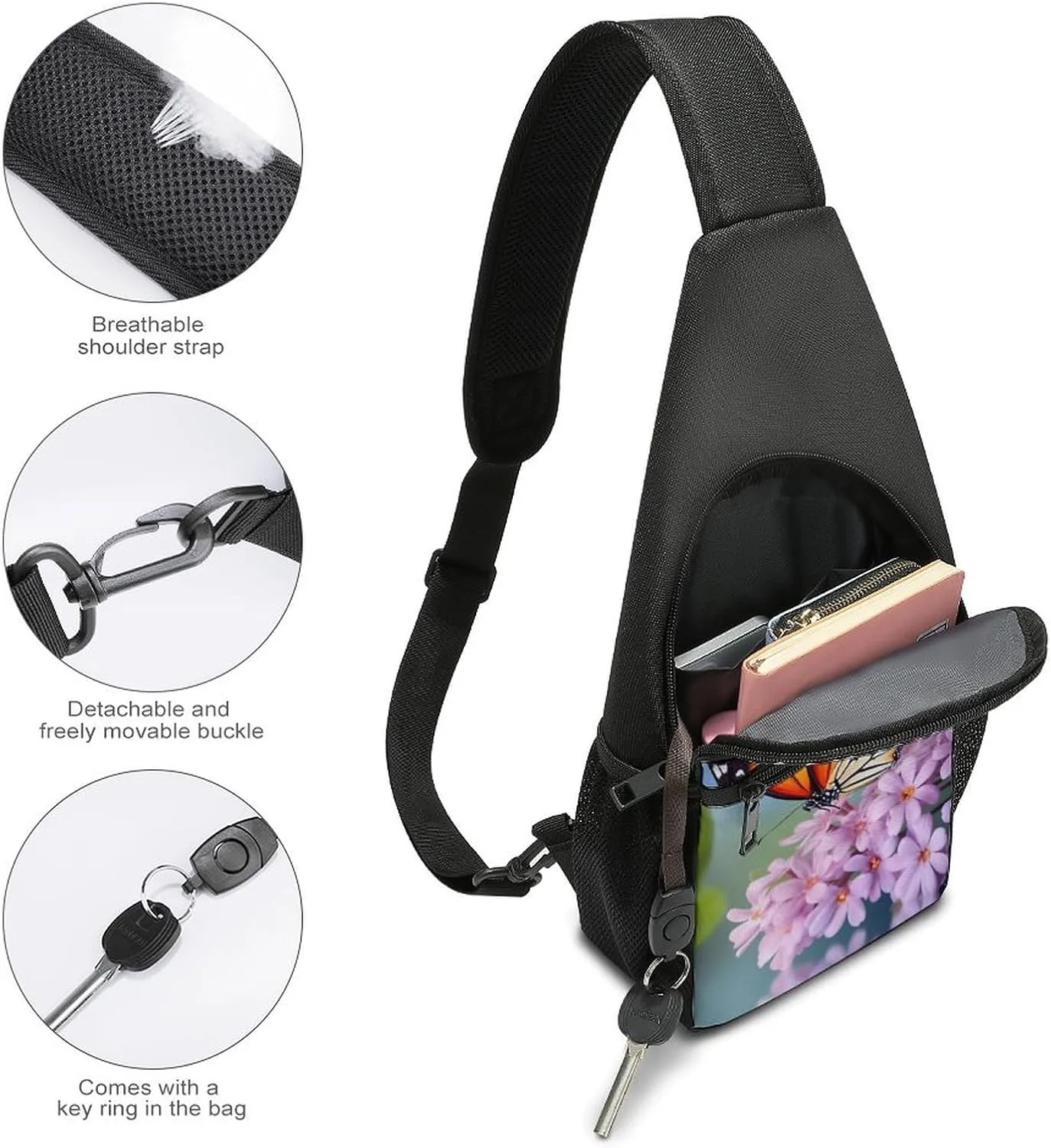 Chest Bag Sling Bag for Men Women Butterfly for Flowers Sport Sling Backpack Lightweight Shoulder Bag for Travel