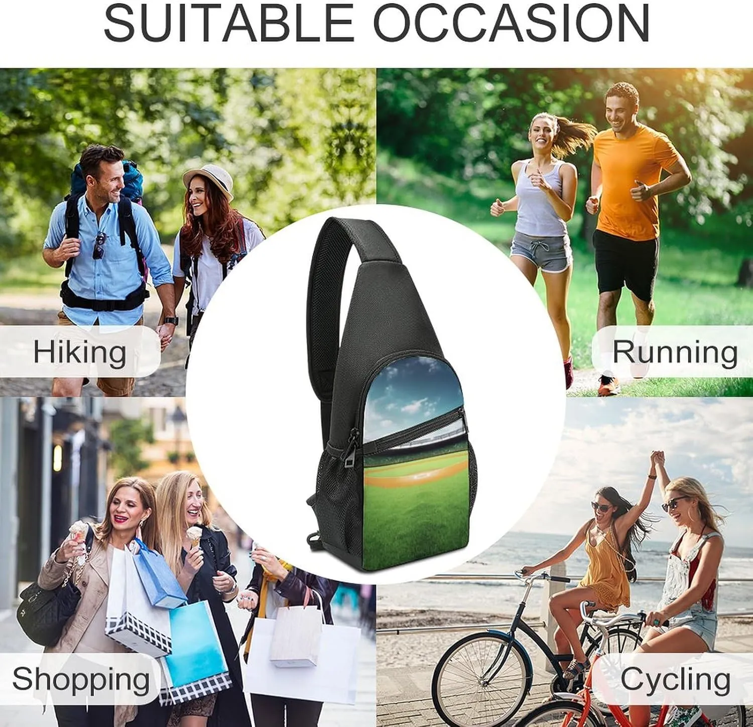 Chest Bag Sling Bag for Men Women Green Baseball Field Backdrop Sport Sling Backpack Lightweight Shoulder Bag for Travel