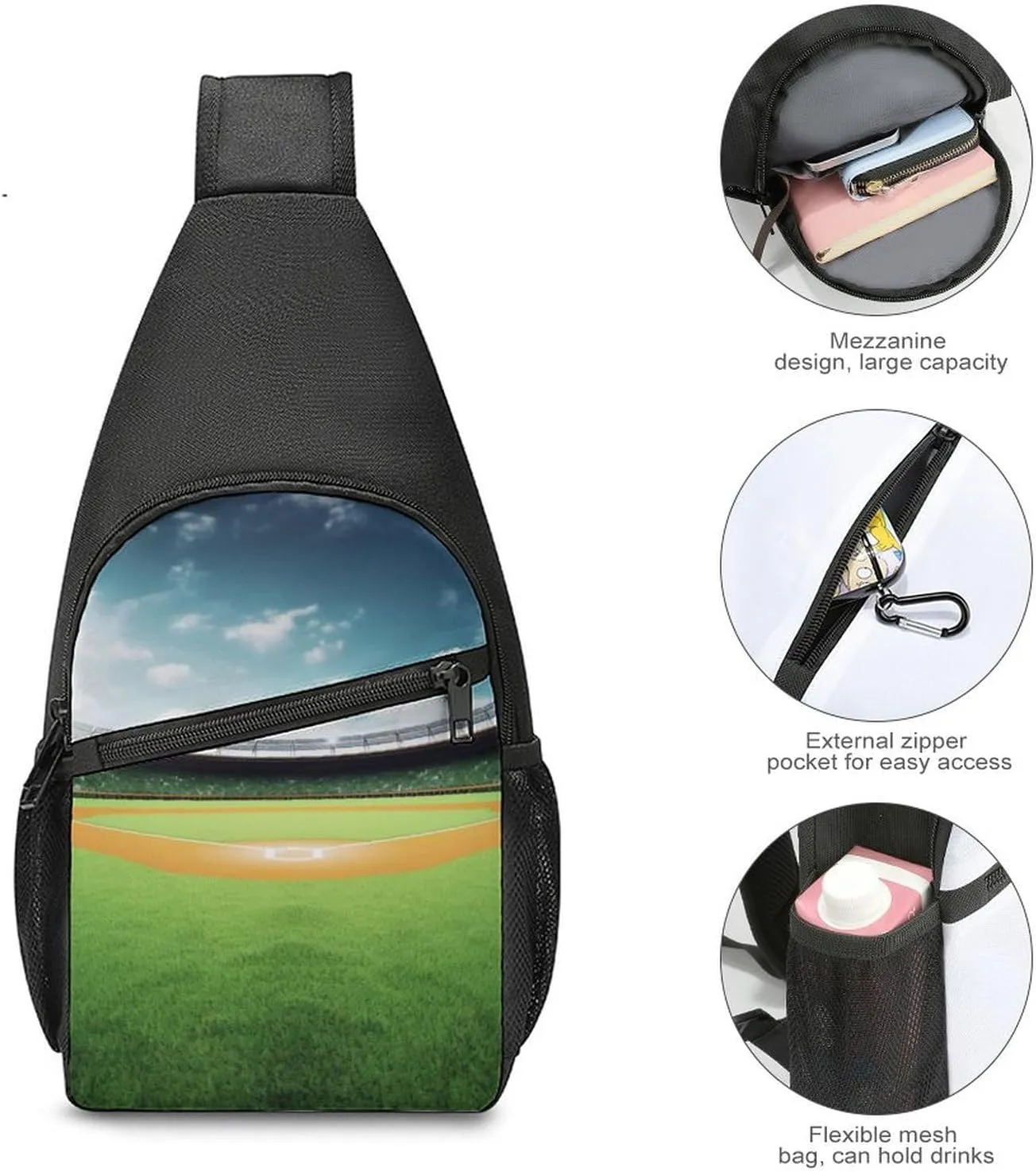 Chest Bag Sling Bag for Men Women Green Baseball Field Backdrop Sport Sling Backpack Lightweight Shoulder Bag for Travel