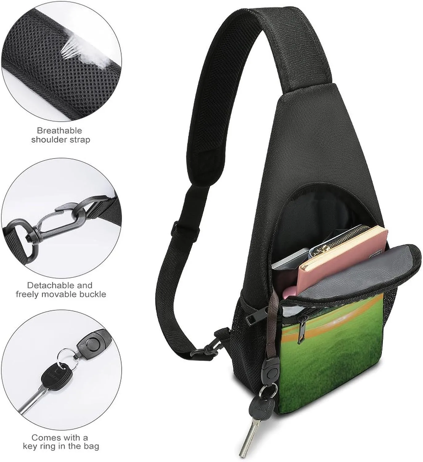 Chest Bag Sling Bag for Men Women Green Baseball Field Backdrop Sport Sling Backpack Lightweight Shoulder Bag for Travel