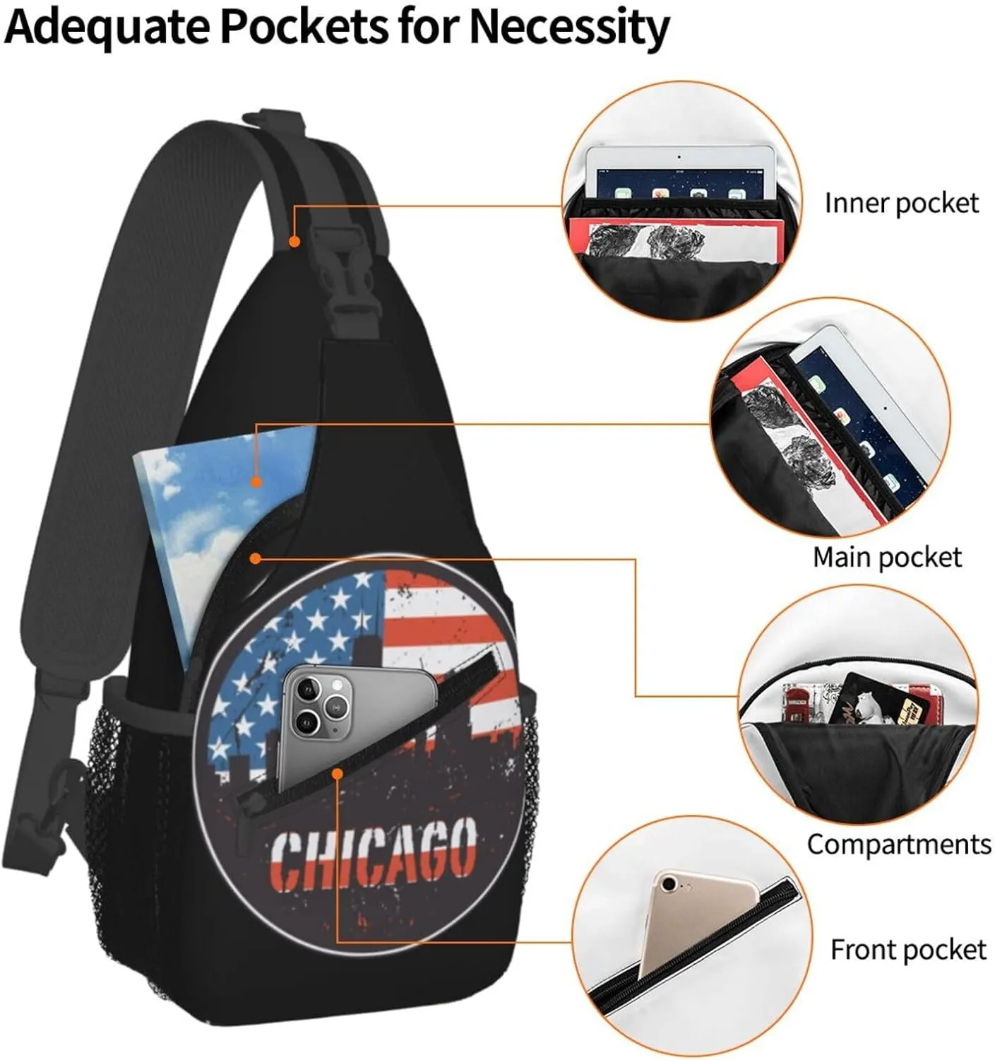 Chicago City Flag Crossbody Bags Sling Backpack Cross Chest Bag Sports Shoulder Bag Gym Fanny Pack Adjustable Cycling Daypack Diagonally Rucksack for Running
