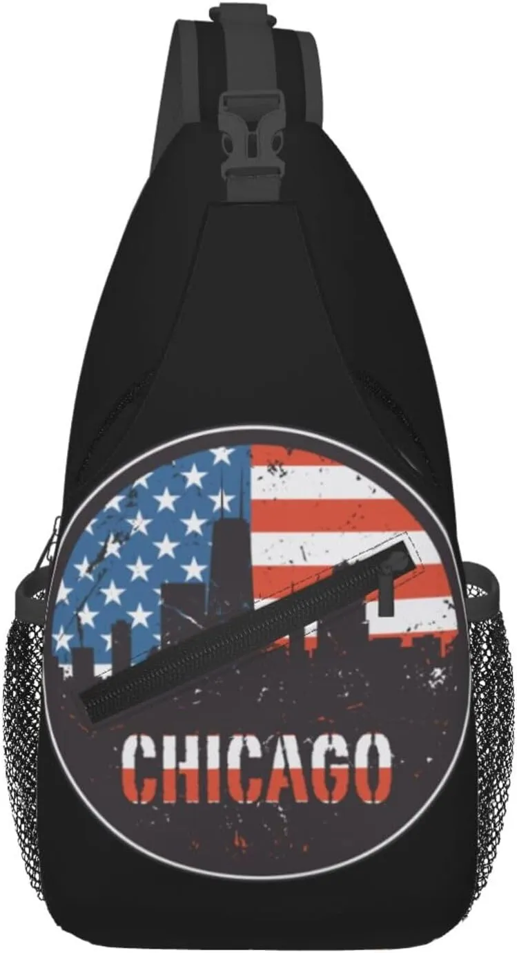 Chicago City Flag Crossbody Bags Sling Backpack Cross Chest Bag Sports Shoulder Bag Gym Fanny Pack Adjustable Cycling Daypack Diagonally Rucksack for Running