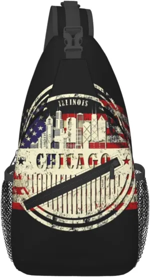 Chicago City Silhouette American Flag Crossbody Bags Sling Backpack Cross Chest Bag Sports Shoulder Bag Gym Fanny Pack Adjustable Cycling Daypack Diagonally Rucksack for Running