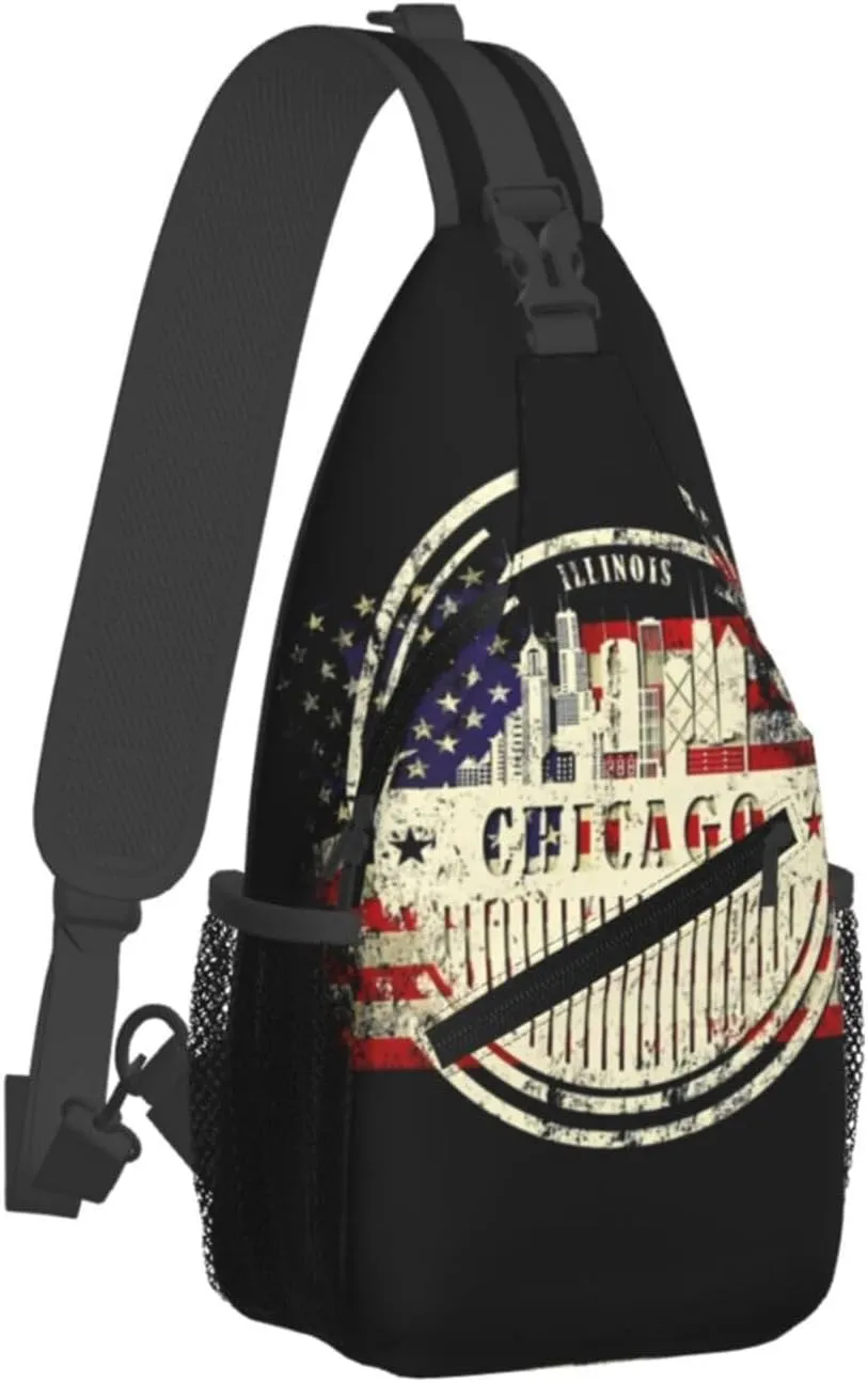 Chicago City Silhouette American Flag Crossbody Bags Sling Backpack Cross Chest Bag Sports Shoulder Bag Gym Fanny Pack Adjustable Cycling Daypack Diagonally Rucksack for Running