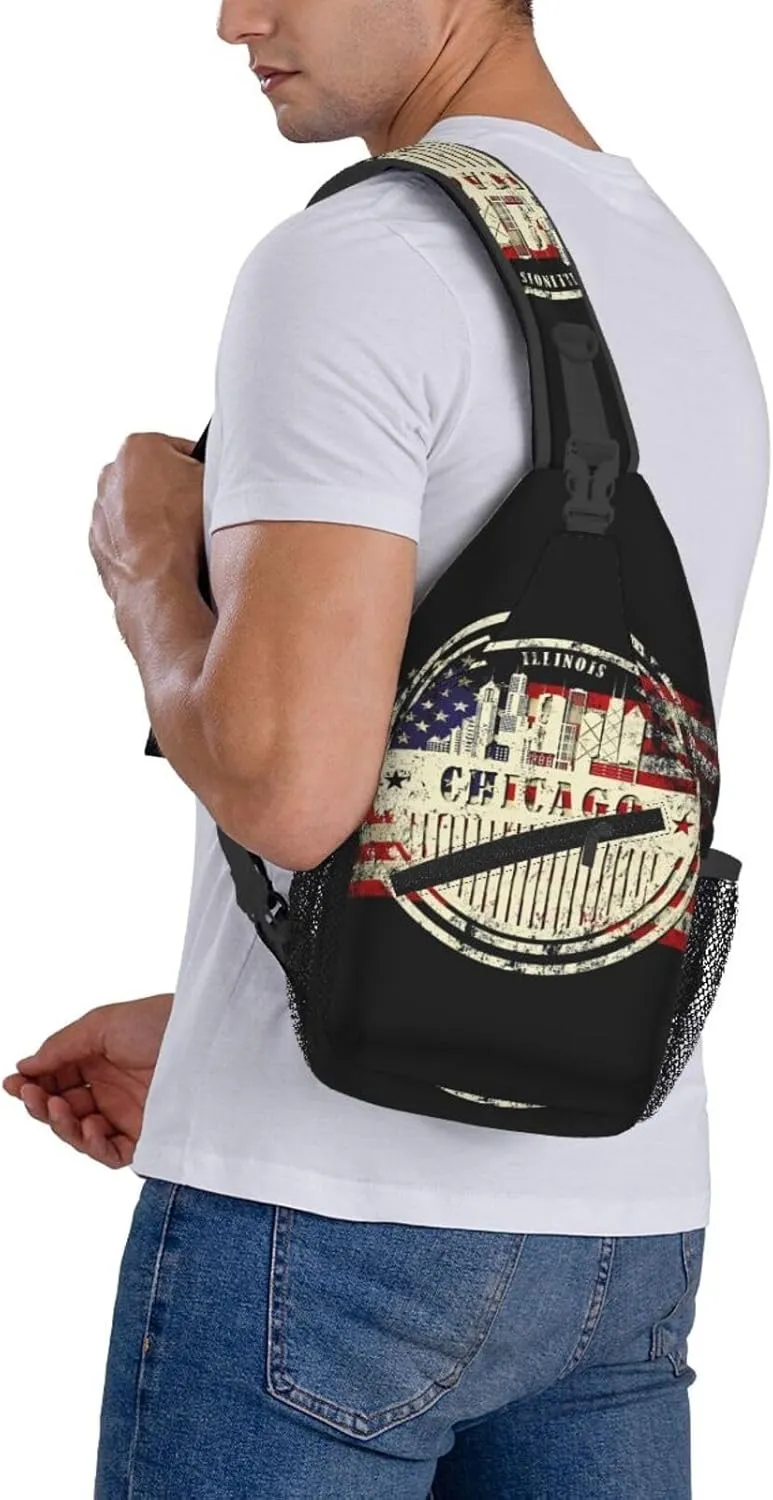Chicago City Silhouette American Flag Crossbody Bags Sling Backpack Cross Chest Bag Sports Shoulder Bag Gym Fanny Pack Adjustable Cycling Daypack Diagonally Rucksack for Running