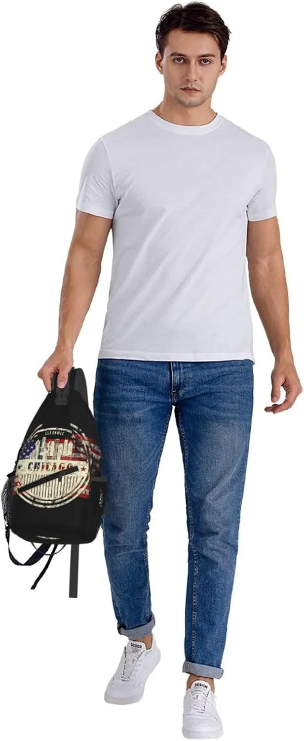 Chicago City Silhouette American Flag Crossbody Bags Sling Backpack Cross Chest Bag Sports Shoulder Bag Gym Fanny Pack Adjustable Cycling Daypack Diagonally Rucksack for Running