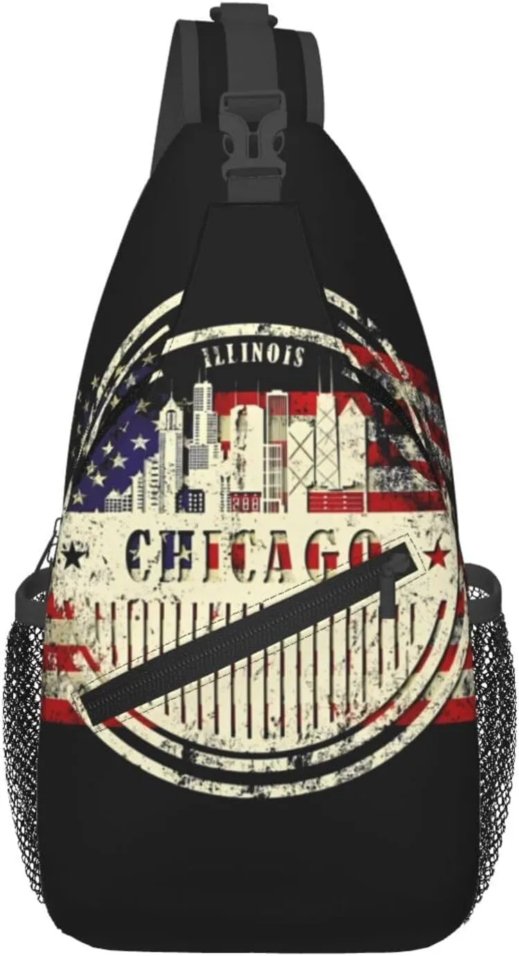 Chicago City Silhouette American Flag Crossbody Bags Sling Backpack Cross Chest Bag Sports Shoulder Bag Gym Fanny Pack Adjustable Cycling Daypack Diagonally Rucksack for Running