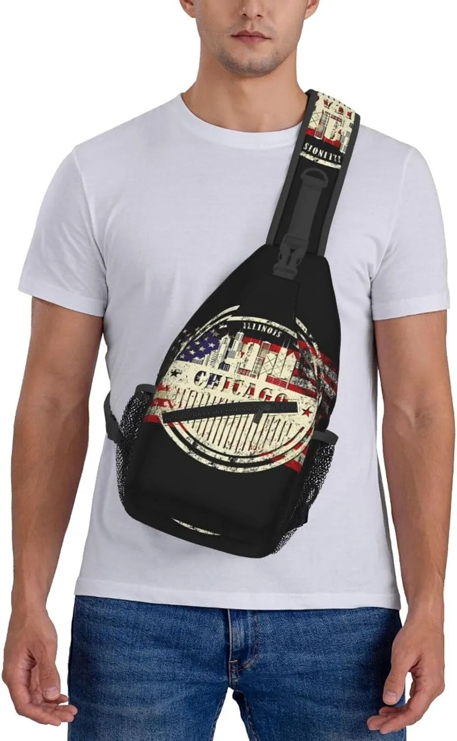 Chicago City Silhouette American Flag Crossbody Bags Sling Backpack Cross Chest Bag Sports Shoulder Bag Gym Fanny Pack Adjustable Cycling Daypack Diagonally Rucksack for Running