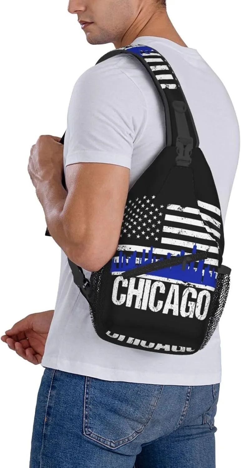 Chicago City Skyline American Flag Crossbody Bags Sling Backpack Cross Chest Bag Sports Shoulder Bag Gym Fanny Pack Adjustable Cycling Daypack Diagonally Rucksack for Running