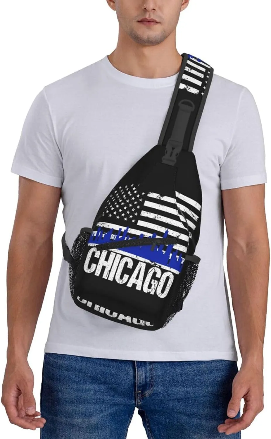 Chicago City Skyline American Flag Crossbody Bags Sling Backpack Cross Chest Bag Sports Shoulder Bag Gym Fanny Pack Adjustable Cycling Daypack Diagonally Rucksack for Running