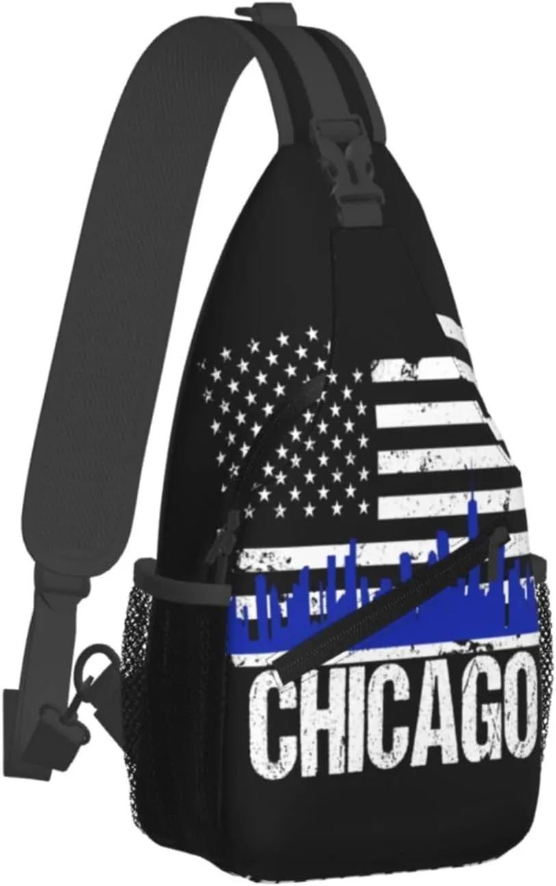 Chicago City Skyline American Flag Crossbody Bags Sling Backpack Cross Chest Bag Sports Shoulder Bag Gym Fanny Pack Adjustable Cycling Daypack Diagonally Rucksack for Running