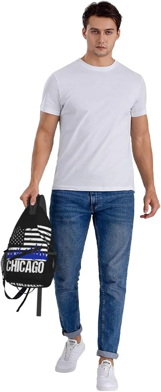 Chicago City Skyline American Flag Crossbody Bags Sling Backpack Cross Chest Bag Sports Shoulder Bag Gym Fanny Pack Adjustable Cycling Daypack Diagonally Rucksack for Running
