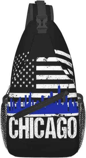 Chicago City Skyline American Flag Crossbody Bags Sling Backpack Cross Chest Bag Sports Shoulder Bag Gym Fanny Pack Adjustable Cycling Daypack Diagonally Rucksack for Running