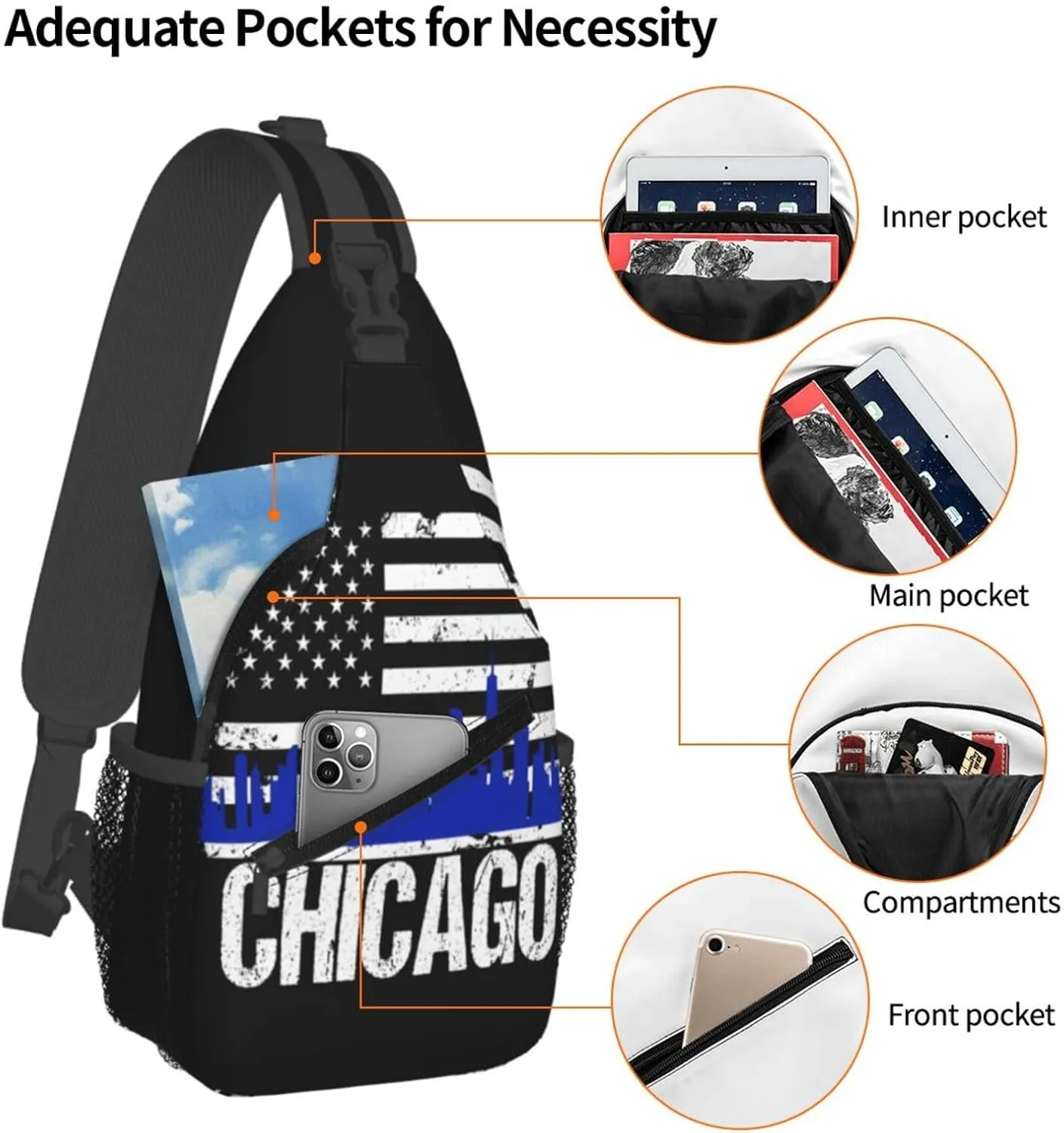 Chicago City Skyline American Flag Crossbody Bags Sling Backpack Cross Chest Bag Sports Shoulder Bag Gym Fanny Pack Adjustable Cycling Daypack Diagonally Rucksack for Running