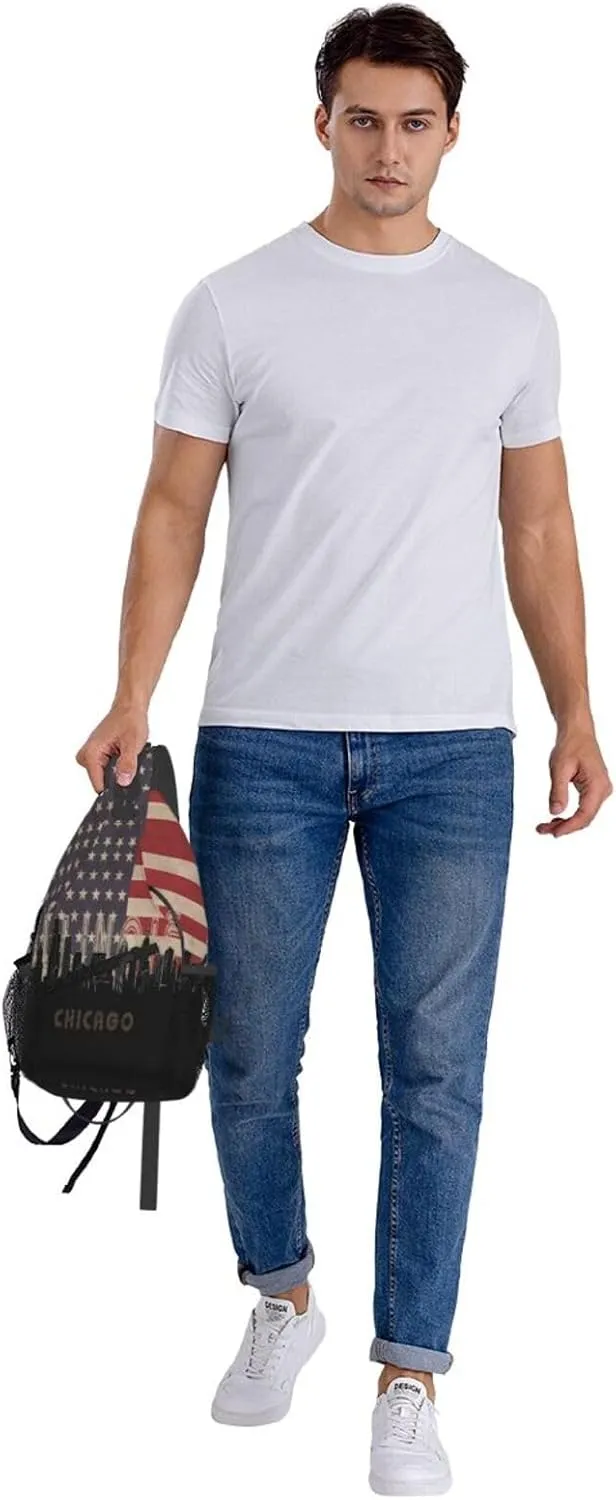 Chicago Illinois Skyline Flag Crossbody Bags Sling Backpack Cross Chest Bag Sports Shoulder Bag Gym Fanny Pack Adjustable Cycling Daypack Diagonally Rucksack for Running