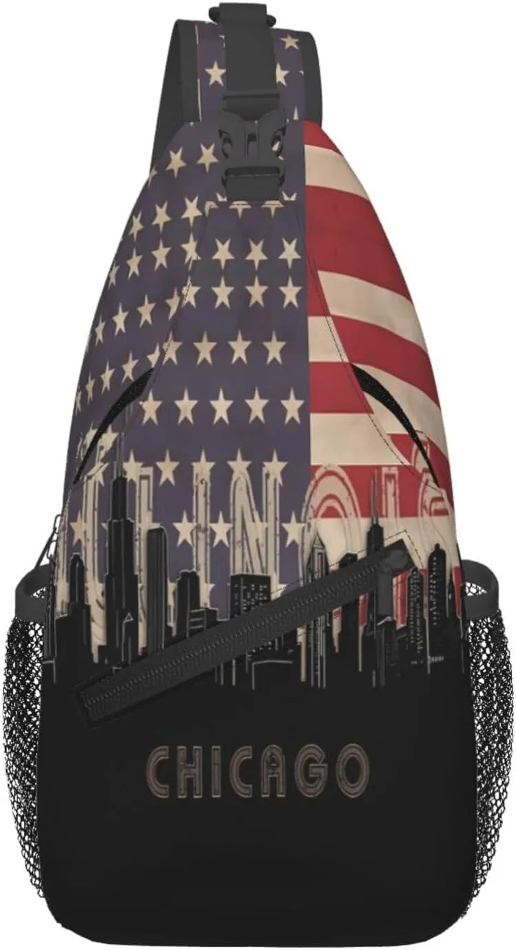 Chicago Illinois Skyline Flag Crossbody Bags Sling Backpack Cross Chest Bag Sports Shoulder Bag Gym Fanny Pack Adjustable Cycling Daypack Diagonally Rucksack for Running