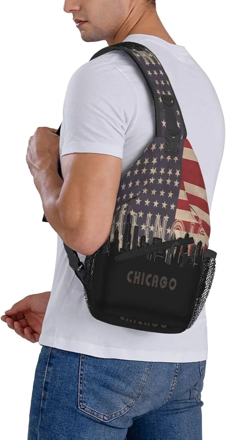 Chicago Illinois Skyline Flag Crossbody Bags Sling Backpack Cross Chest Bag Sports Shoulder Bag Gym Fanny Pack Adjustable Cycling Daypack Diagonally Rucksack for Running