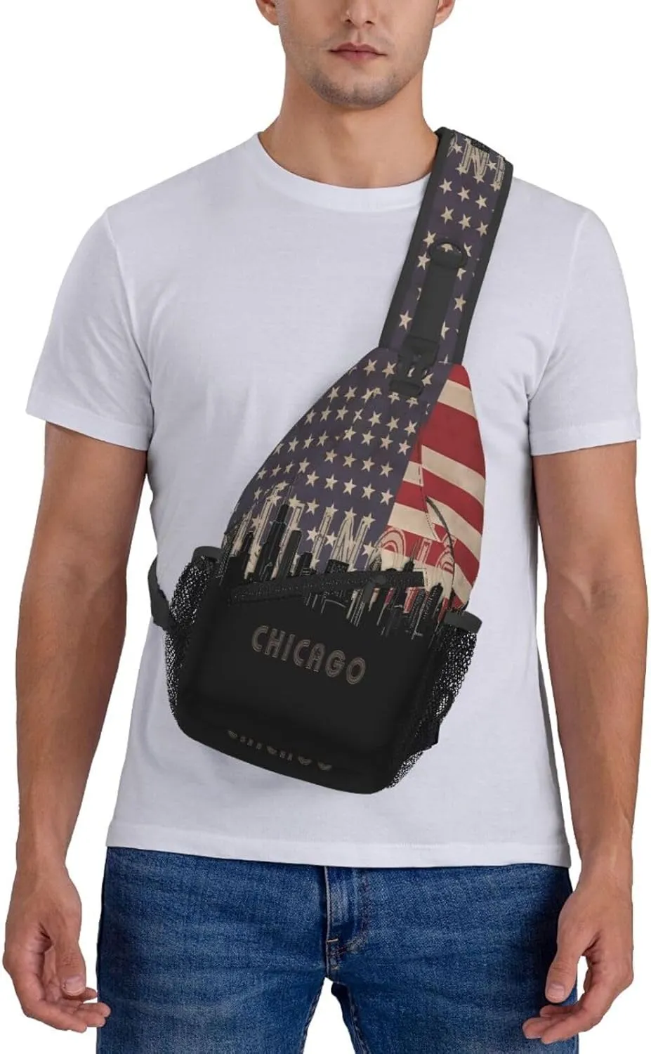 Chicago Illinois Skyline Flag Crossbody Bags Sling Backpack Cross Chest Bag Sports Shoulder Bag Gym Fanny Pack Adjustable Cycling Daypack Diagonally Rucksack for Running