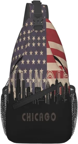Chicago Illinois Skyline Flag Crossbody Bags Sling Backpack Cross Chest Bag Sports Shoulder Bag Gym Fanny Pack Adjustable Cycling Daypack Diagonally Rucksack for Running