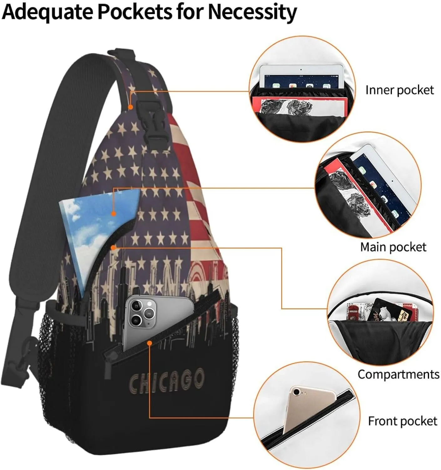Chicago Illinois Skyline Flag Crossbody Bags Sling Backpack Cross Chest Bag Sports Shoulder Bag Gym Fanny Pack Adjustable Cycling Daypack Diagonally Rucksack for Running