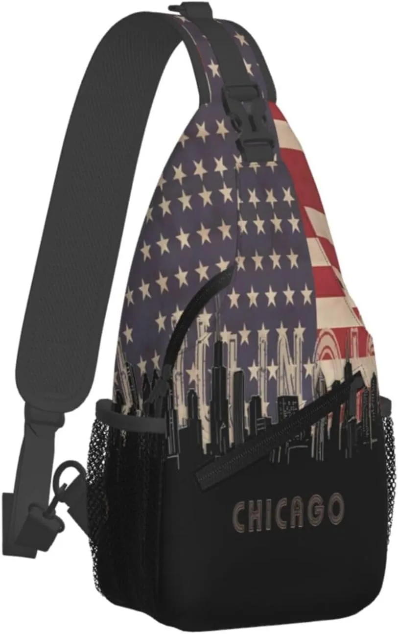 Chicago Illinois Skyline Flag Crossbody Bags Sling Backpack Cross Chest Bag Sports Shoulder Bag Gym Fanny Pack Adjustable Cycling Daypack Diagonally Rucksack for Running