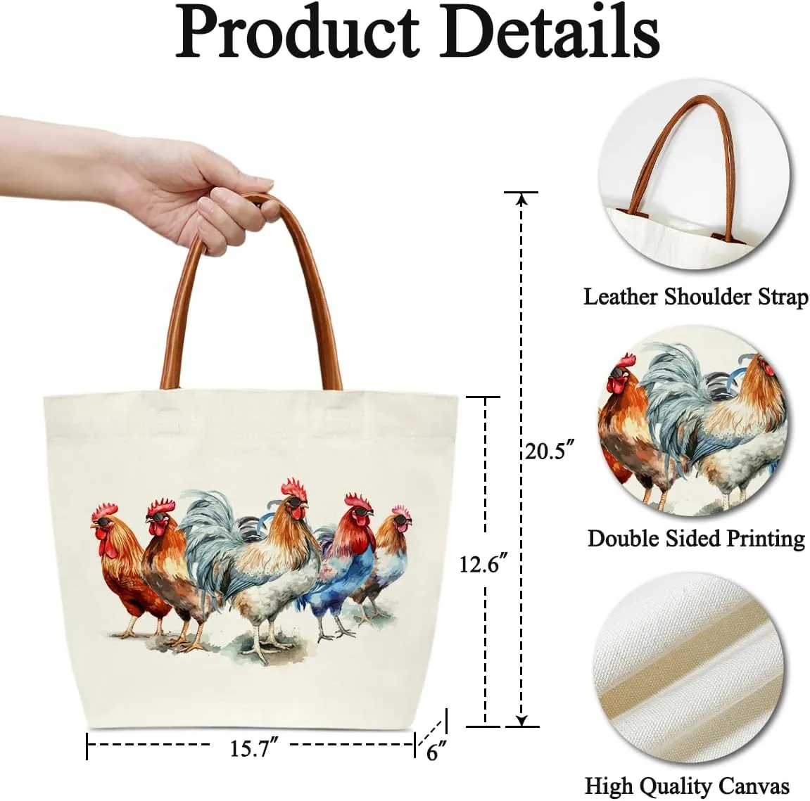 Chicken Bag Chicken Tote Bag, Chickens Gifts for Women, Rooster Canvas Tote Bag For Women, Grocery Shopping Handbag -49