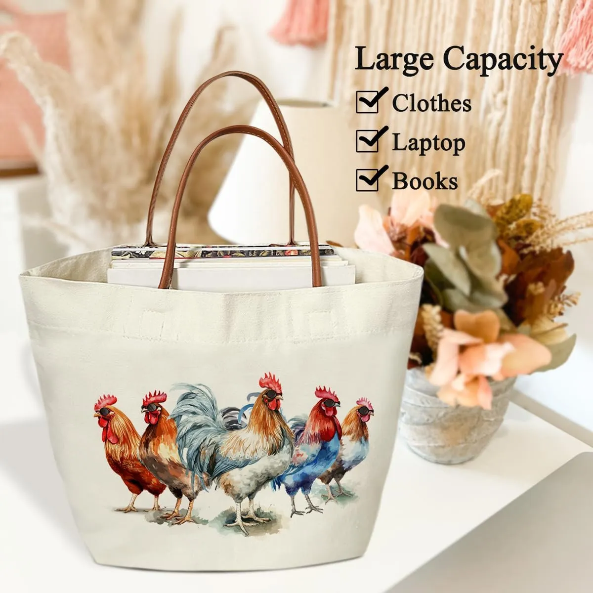Chicken Bag Chicken Tote Bag, Chickens Gifts for Women, Rooster Canvas Tote Bag For Women, Grocery Shopping Handbag -49