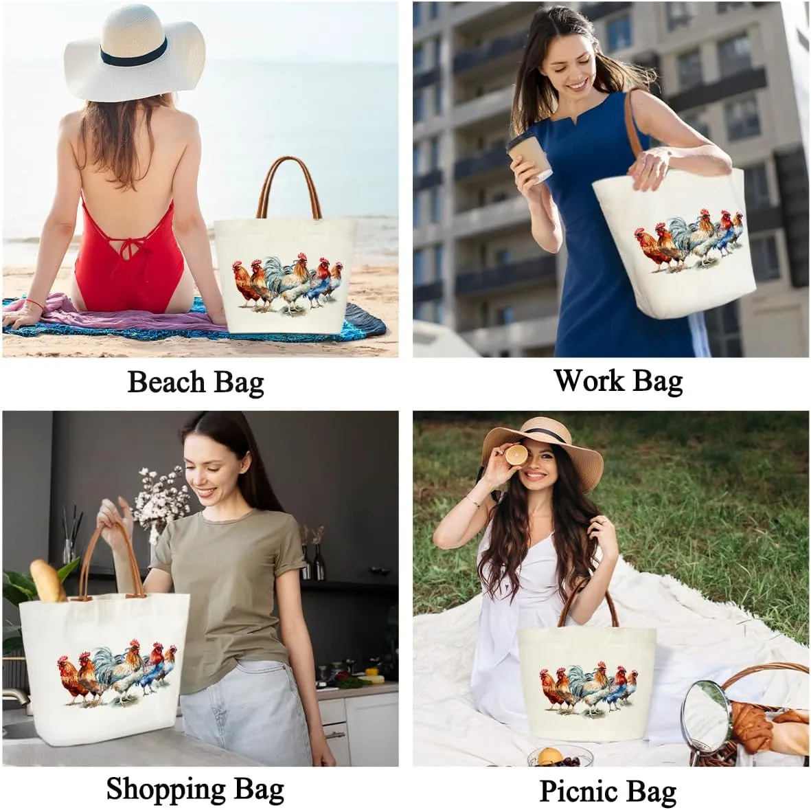 Chicken Bag Chicken Tote Bag, Chickens Gifts for Women, Rooster Canvas Tote Bag For Women, Grocery Shopping Handbag -49