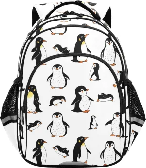 CHIFIGNO Cute Penguin White Kids Backpack Travel Laptop Bookbag with Reflective Stripes Lightweight Backpacks for Teens