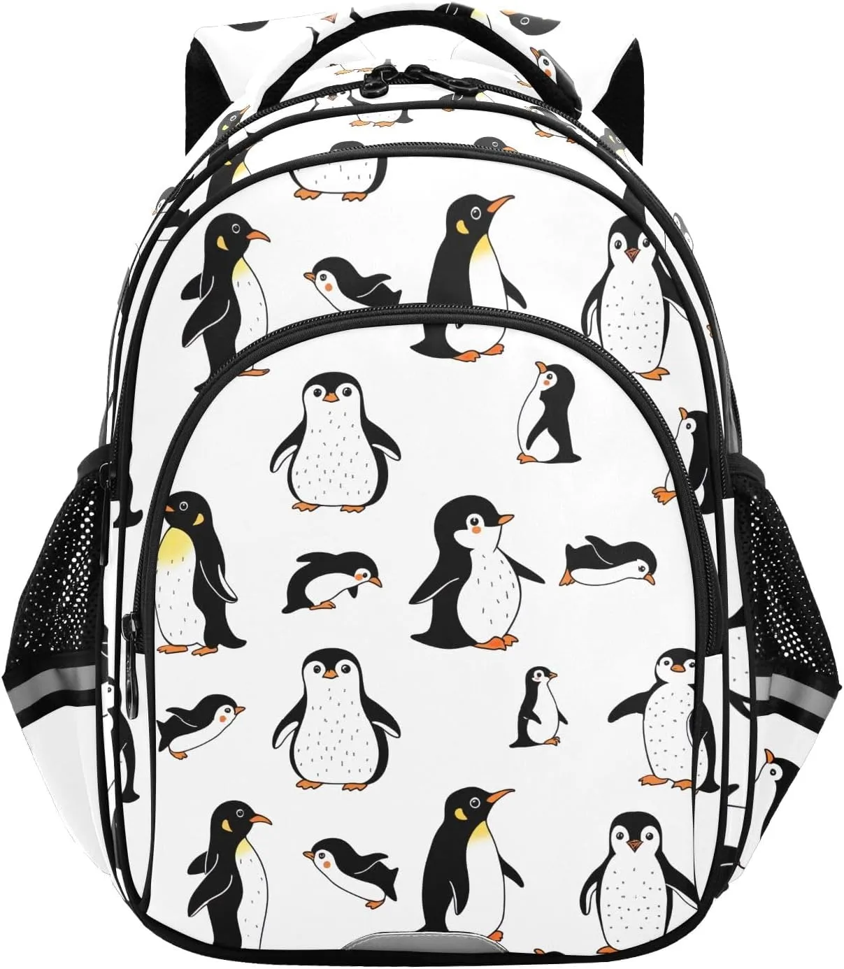 CHIFIGNO Cute Penguin White Kids Backpack Travel Laptop Bookbag with Reflective Stripes Lightweight Backpacks for Teens