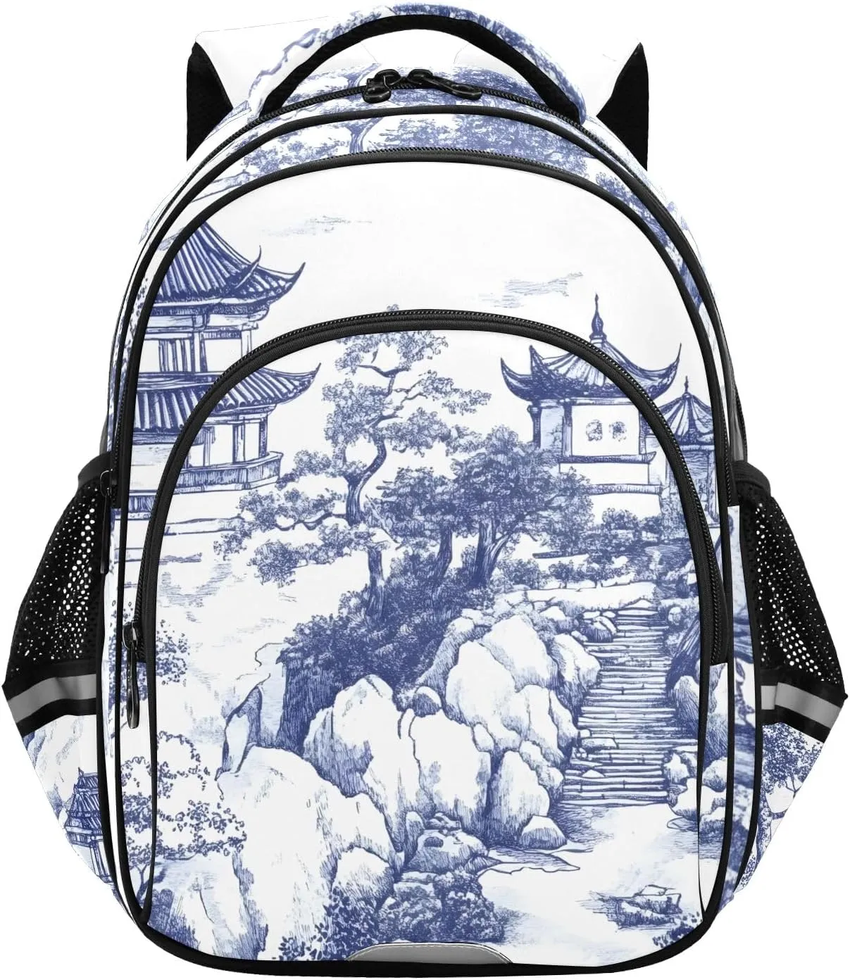 CHIFIGNO Hand Drawn Ancient Asian Landscape Blue Kids Backpack Boys Girls Bookbag with Reflective Stripes Lightweight Daypack Backpacks