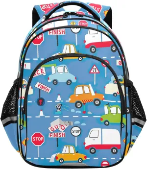 CHIFIGNO Kids School Backpack, Cute Cartoon Cars Blue Book Bag for Girls Boys Child Backpack School Bags with Reflective Stripes