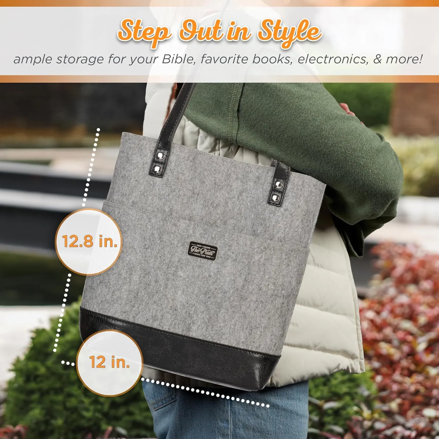 Christian Art Gifts Felt and Faux Leather Bible Tote for Women: Metal Jeremiah 29:11 Badge, Pockets and Magnetic Button Closure, Black and Gray, One Size Carry Bag for Books, Supplies and Shopping