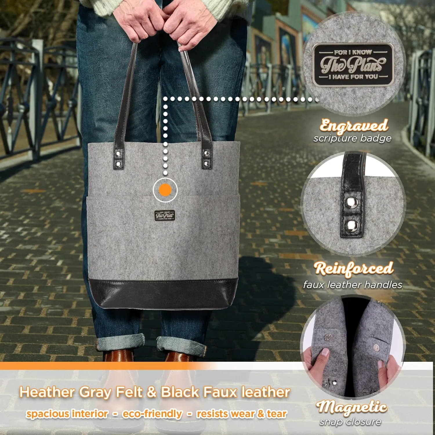Christian Art Gifts Felt and Faux Leather Bible Tote for Women: Metal Jeremiah 29:11 Badge, Pockets and Magnetic Button Closure, Black and Gray, One Size Carry Bag for Books, Supplies and Shopping