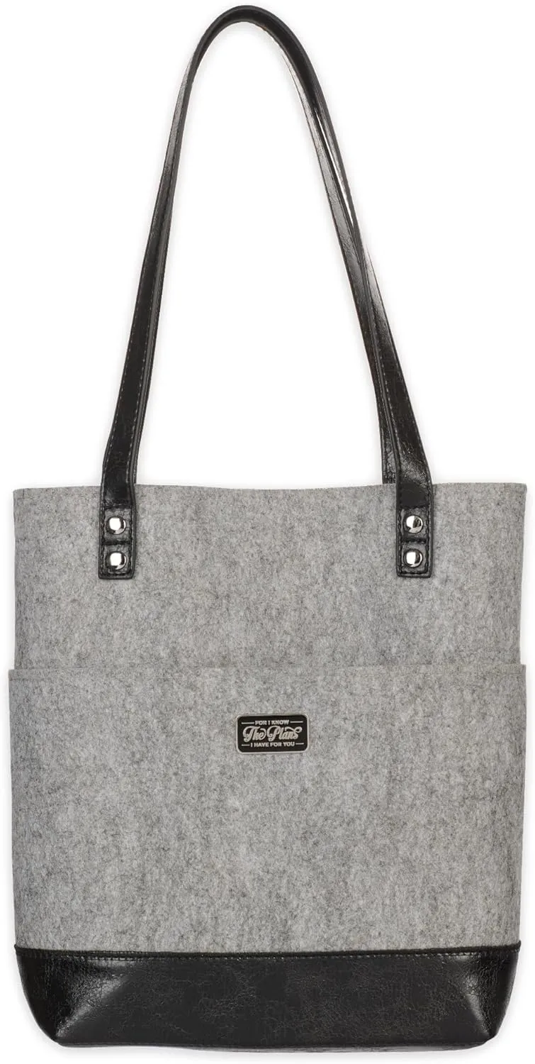 Christian Art Gifts Felt and Faux Leather Bible Tote for Women: Metal Jeremiah 29:11 Badge, Pockets and Magnetic Button Closure, Black and Gray, One Size Carry Bag for Books, Supplies and Shopping
