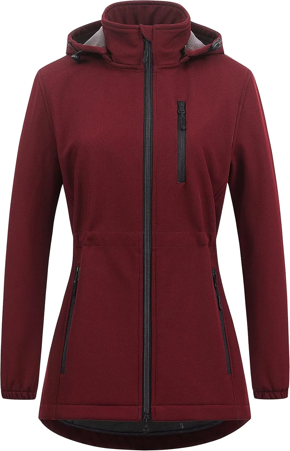 Chrisuno Women's Lightweight Long Softshell Fleece Lined Jacket Anorak Raincoat With Removable Hood