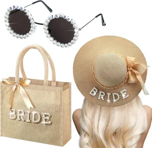 Chunful 3 Pcs Bride Tote Bag Sun Hat Glasses Set Bachelorette Gifts for Bride Jute Burlap Bag with Handles for Honeymoon(Linen)