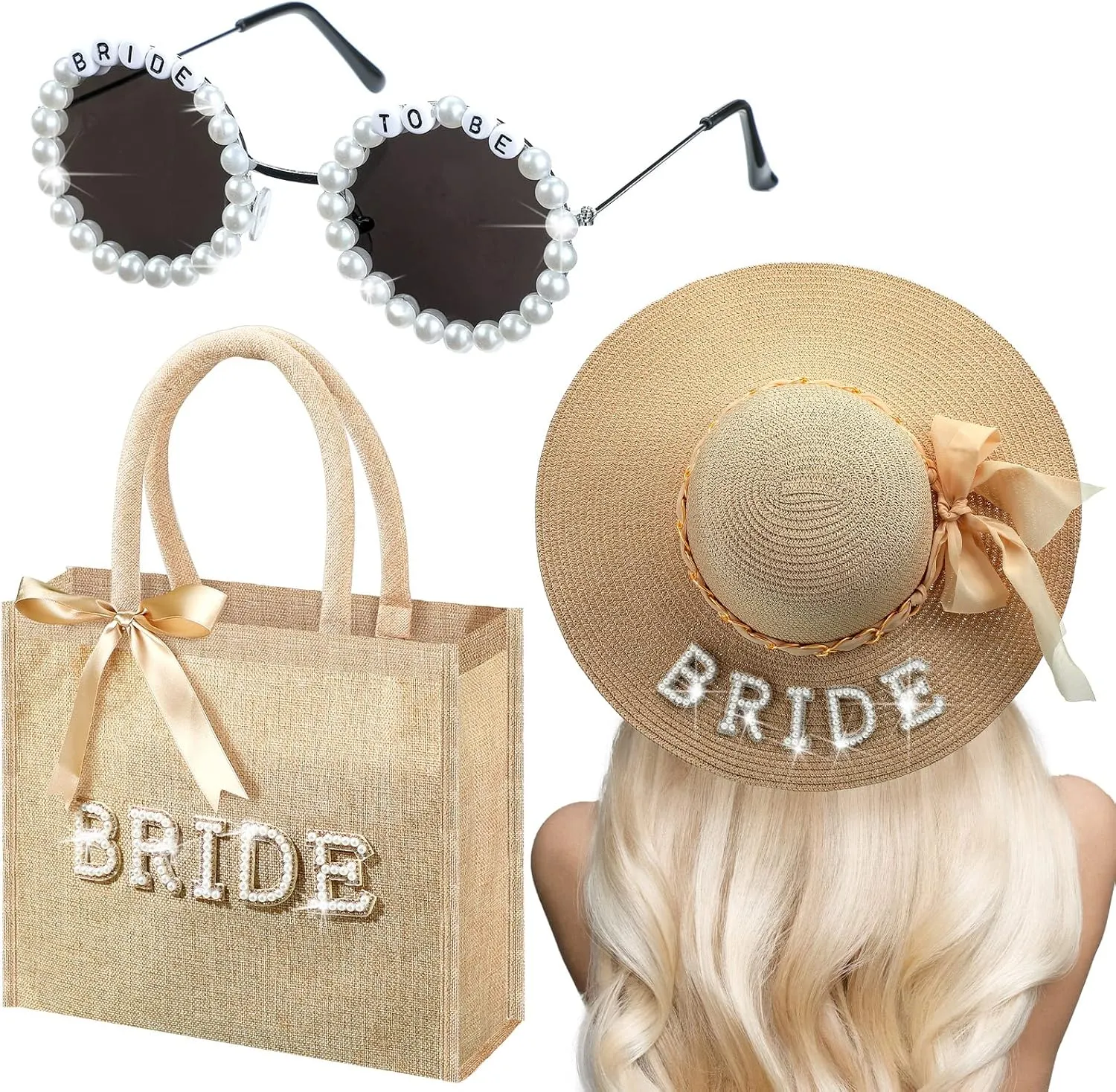 Chunful 3 Pcs Bride Tote Bag Sun Hat Glasses Set Bachelorette Gifts for Bride Jute Burlap Bag with Handles for Honeymoon(Linen)