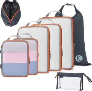 Cipway Compression Packing Cubes Mesh, Lightweight Luggage Organizer Bags with Laundry Bag, Toiletries Bag and Shoe Bag, Travel Essentials for Carry on Suitcase（8 Pcs,Grey）