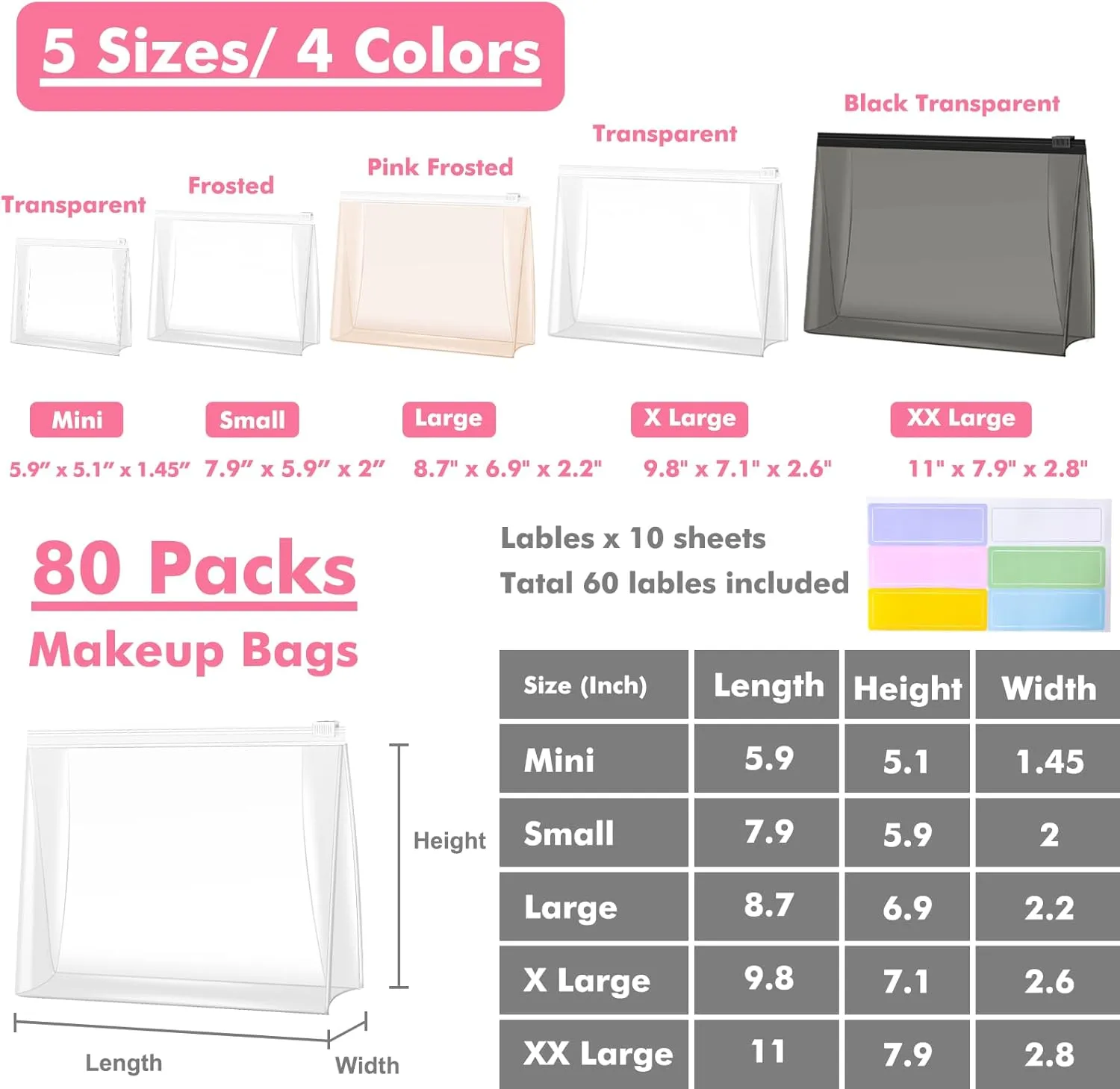 Circloophs 80 Pack Large Clear Makeup Bag Bulk Organizer Cosmetic Zipper Pouch Small Travel Pouches for Toiletries Transparent EVA Reusable Wash Bags Waterproof Plastic Clear Gift Bags, Frosted, 9.8”