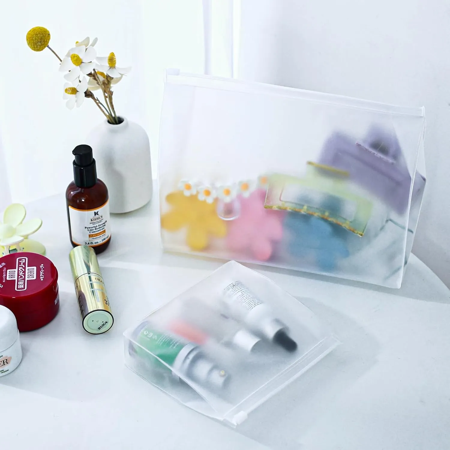Circloophs 80 Pack Large Clear Makeup Bag Bulk Organizer Cosmetic Zipper Pouch Small Travel Pouches for Toiletries Transparent EVA Reusable Wash Bags Waterproof Plastic Clear Gift Bags, Frosted, 9.8”