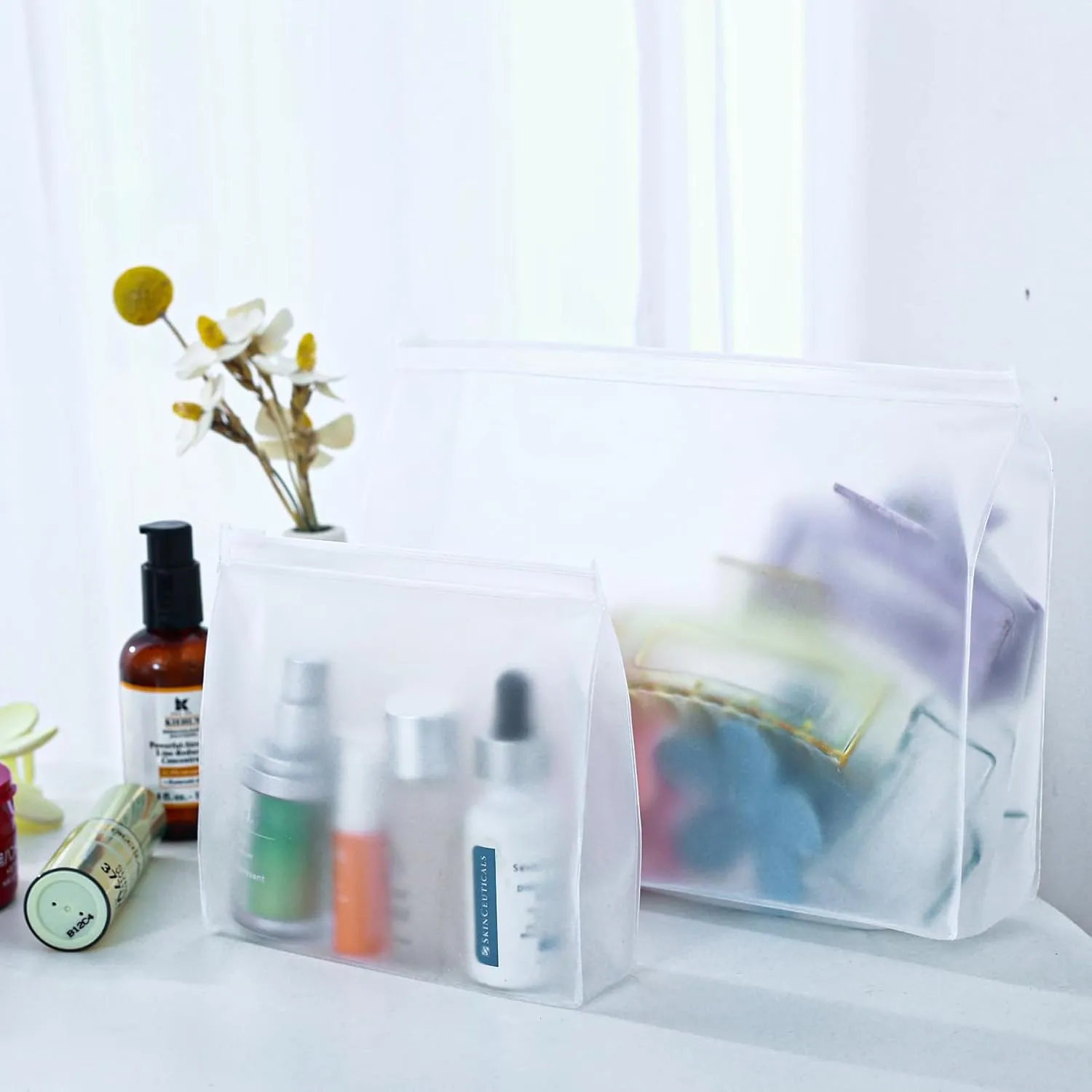 Circloophs 80 Pack Large Clear Makeup Bag Bulk Organizer Cosmetic Zipper Pouch Small Travel Pouches for Toiletries Transparent EVA Reusable Wash Bags Waterproof Plastic Clear Gift Bags, Frosted, 9.8”