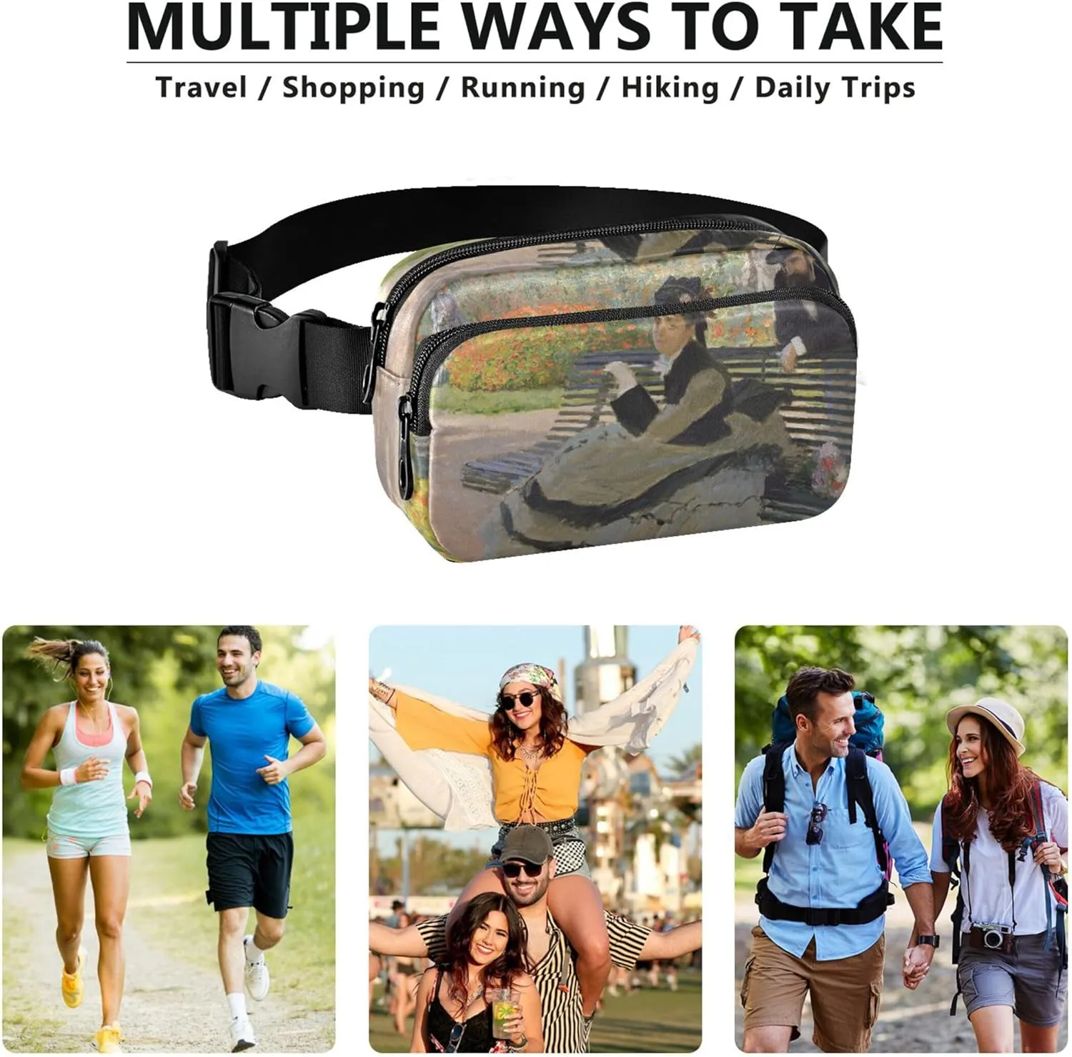 Claude Monet Camille Bench Oil Painting Waterproof Women Fanny Pack Belt Bag Hip Pouch Bright Colored Crossbody Waist Pack