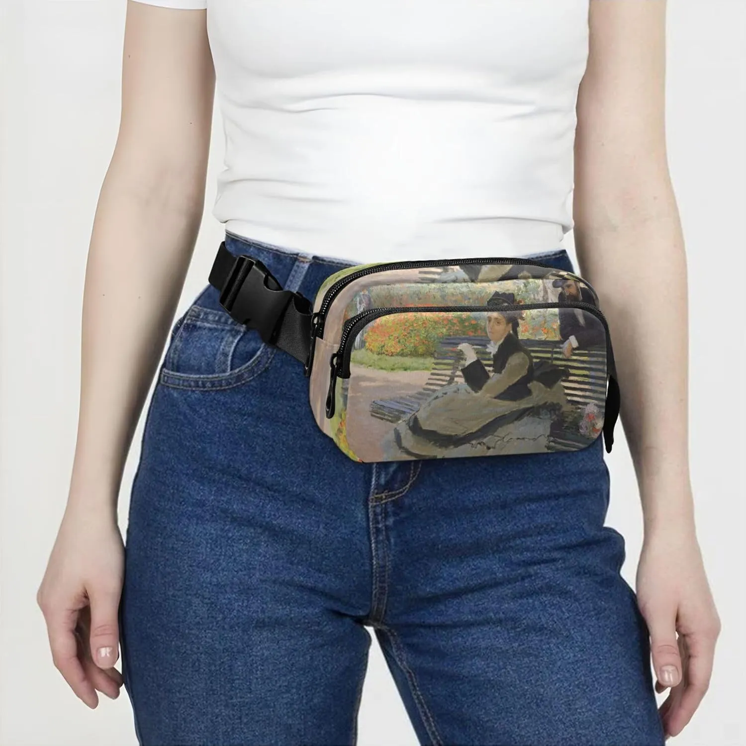 Claude Monet Camille Bench Oil Painting Waterproof Women Fanny Pack Belt Bag Hip Pouch Bright Colored Crossbody Waist Pack