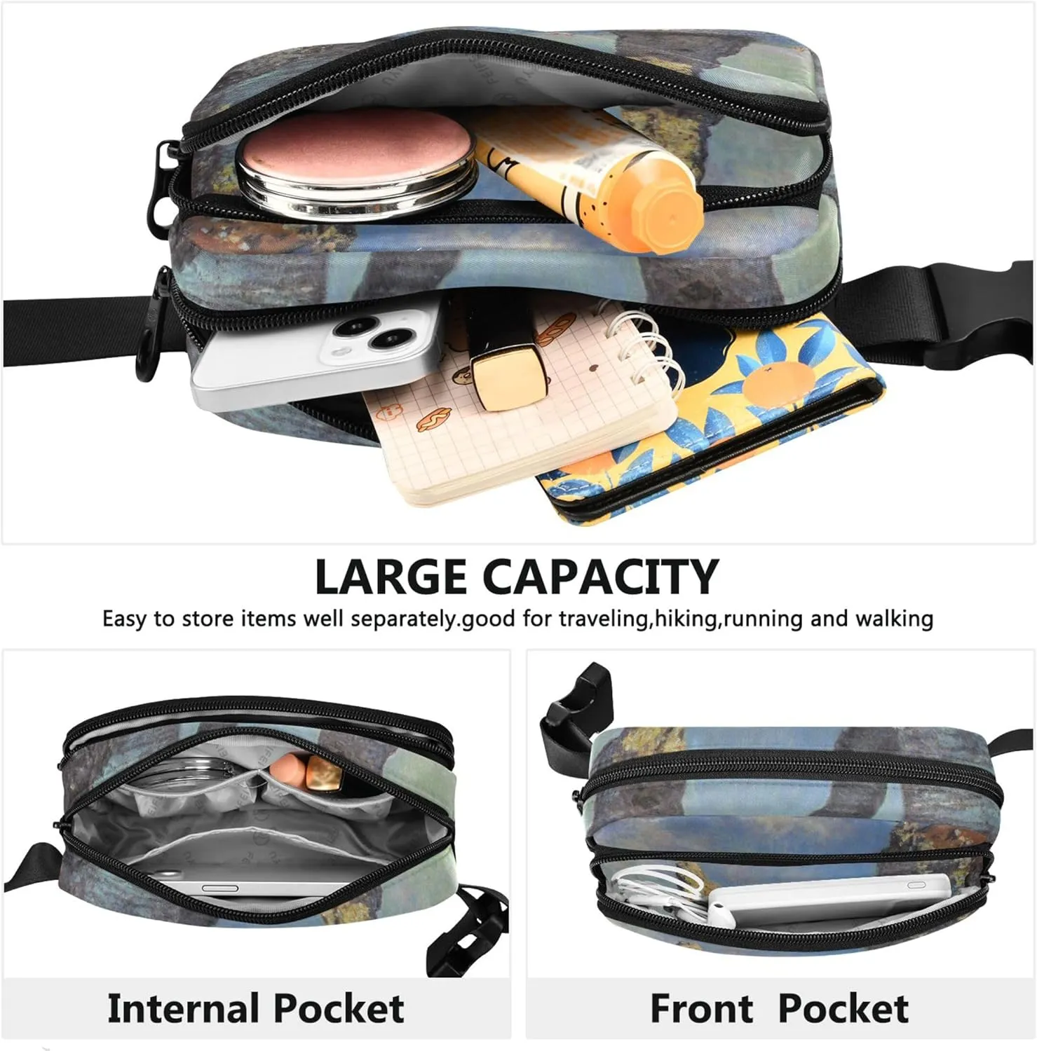 Claude Monet Cliffs Etretat Painting Womens Fanny Pack Funny Hip Pack Belt Pouch Waterproof Waist Bag for Women