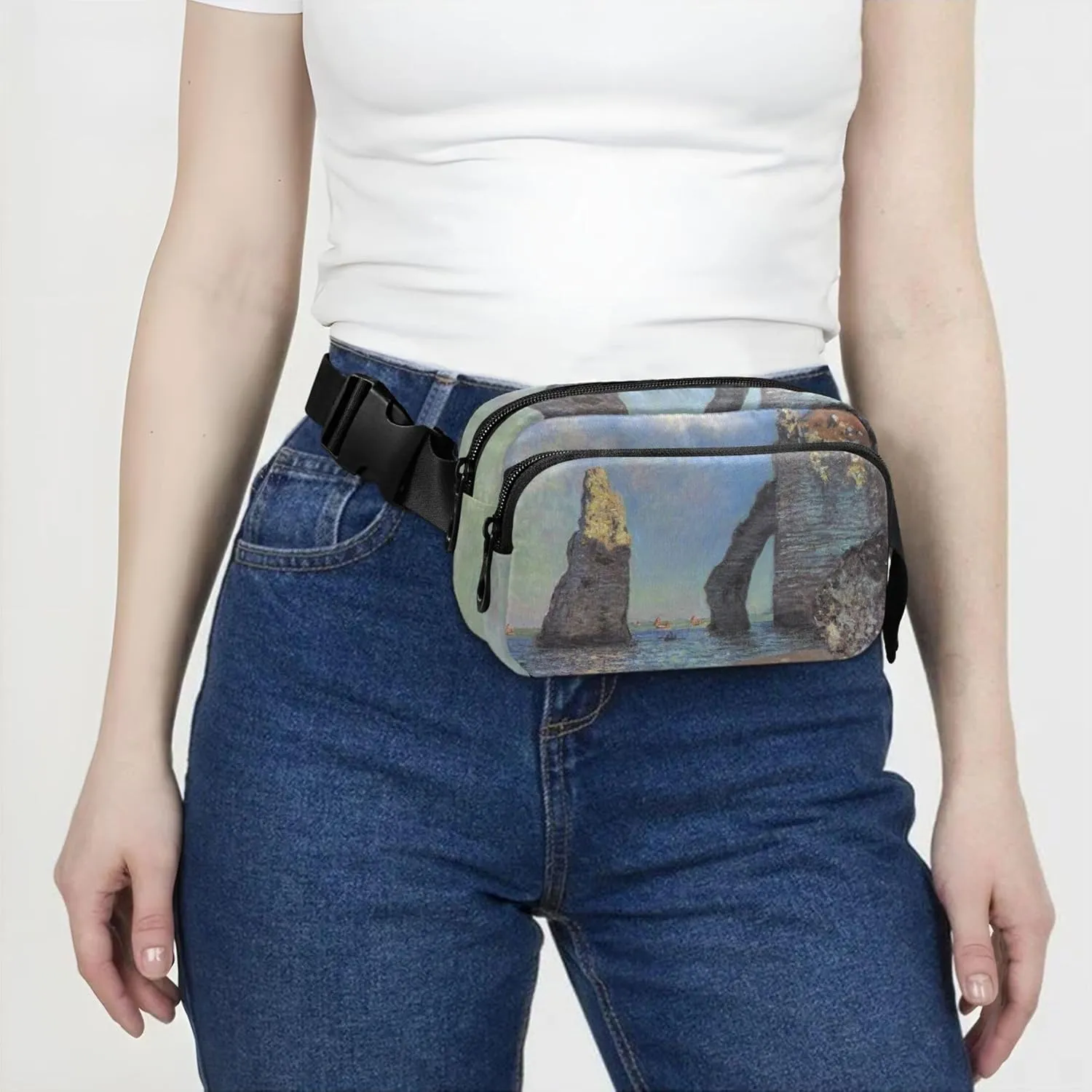 Claude Monet Cliffs Etretat Painting Womens Fanny Pack Funny Hip Pack Belt Pouch Waterproof Waist Bag for Women