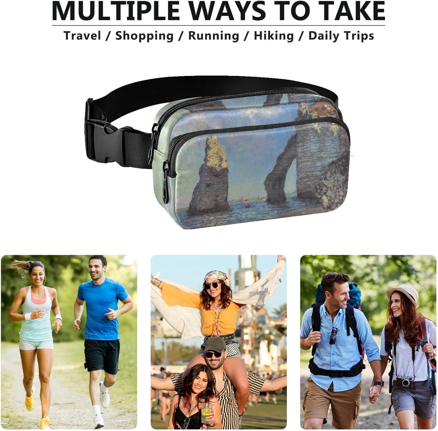 Claude Monet Cliffs Etretat Painting Womens Fanny Pack Funny Hip Pack Belt Pouch Waterproof Waist Bag for Women