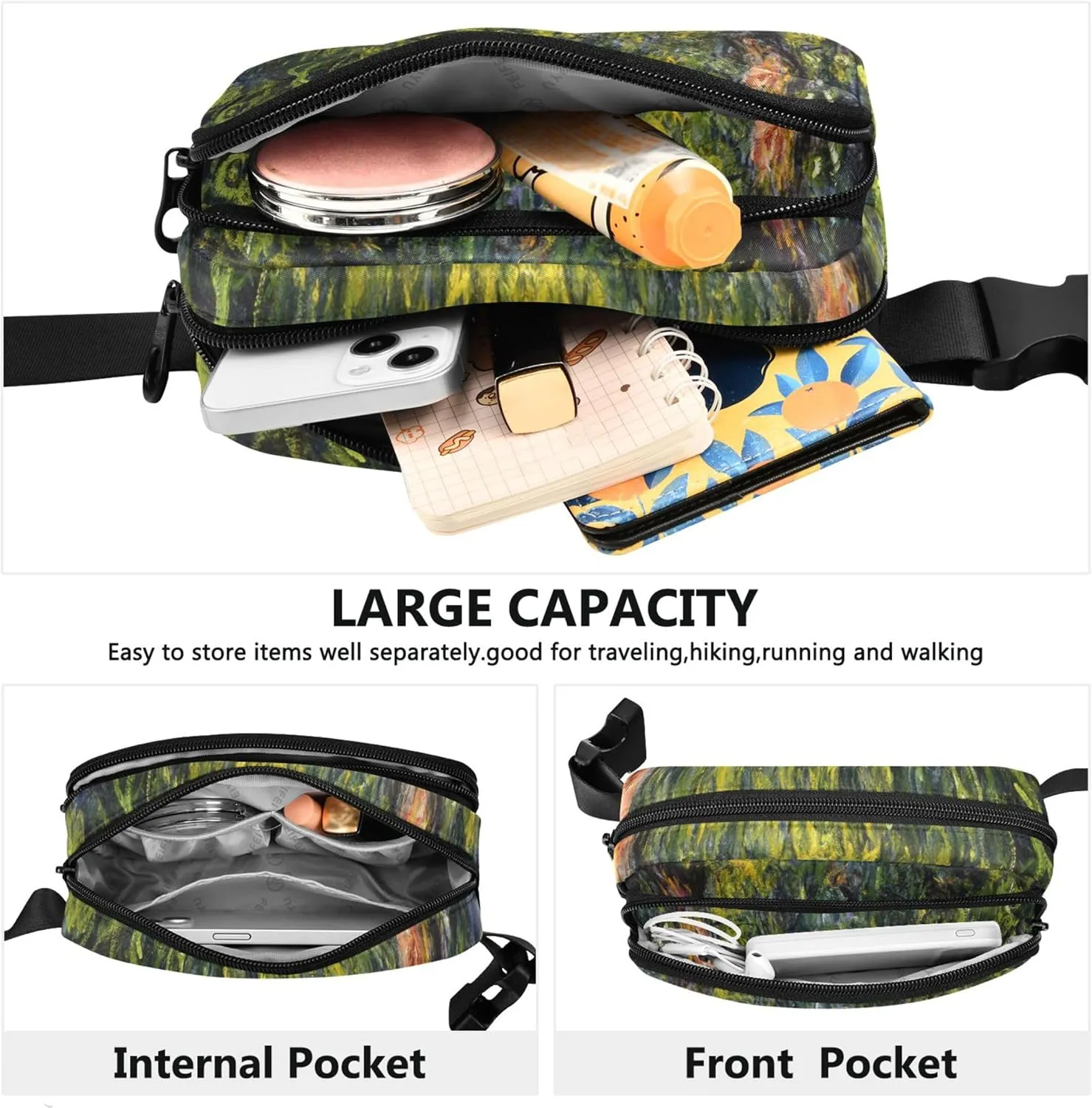 Claude Monet Weeping Willow Print Womens Fanny Pack Waterproof Hip Pouch Belt Bag Cute Crossbody Waist Pack