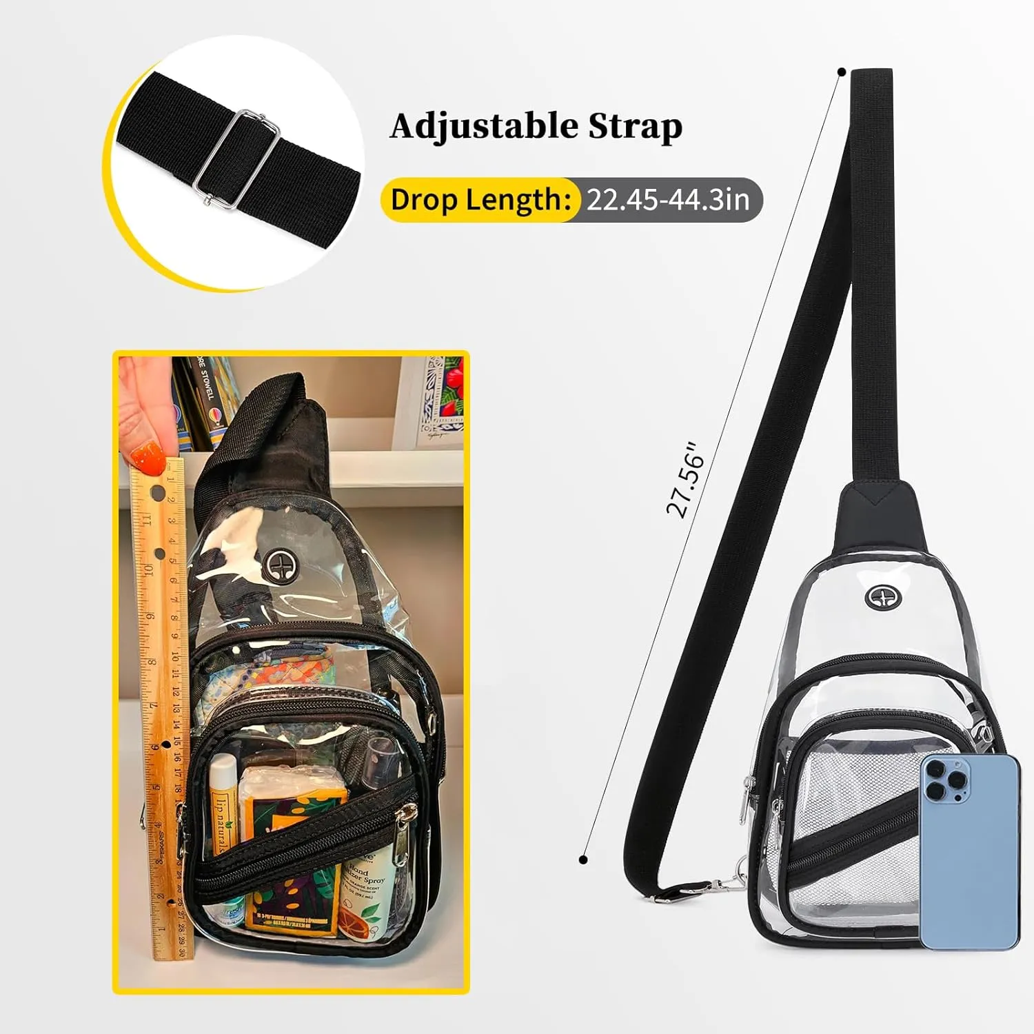 Clear Bag for Stadium Events, Clear Purse Bag for Women Men Waterproof PVC Crossbody Fanny Pack for Concert Sport Hiking Travel, Black