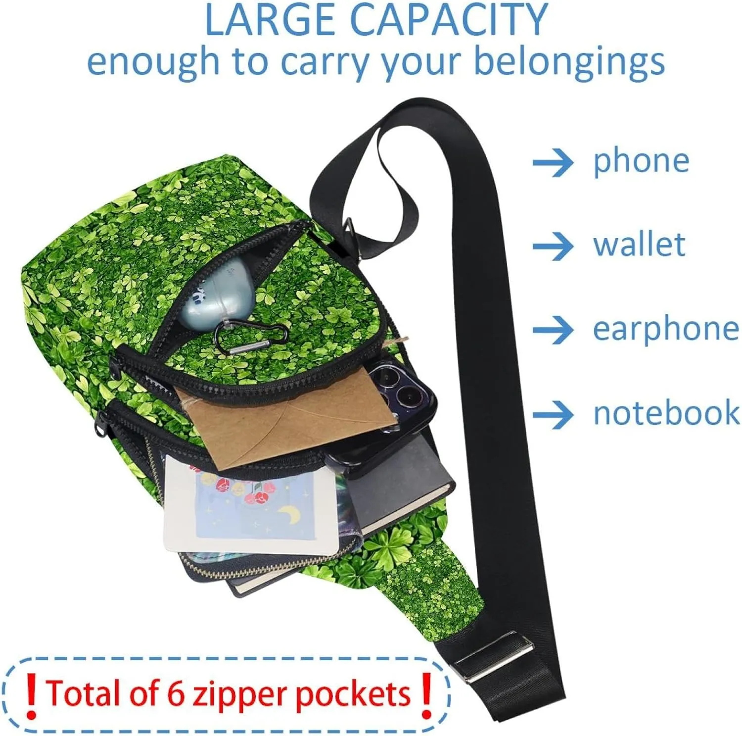 _Clover leaves (2) Sling Backpack, Adjustable Crossbody Shoulder Bag Travel Hiking Daypack